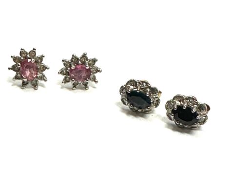 2x 9ct gold ruby, sapphire &amp; diamond cluster earrings (2.5g) 