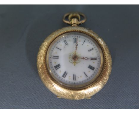 A 14ct yellow gold cased open faced ladies pocket watch - The case with foliate engraving and monogram to central cartouche, 