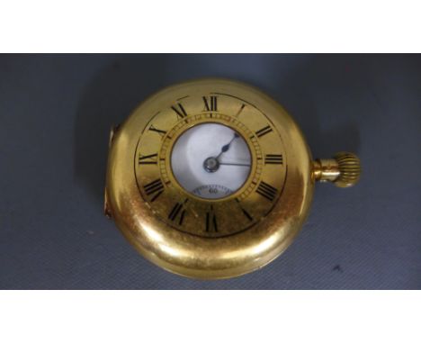 An 18ct yellow gold cased half hunter pocket watch Roman numerals to white enamel dial with subsidiary seconds at 6 o'clock -