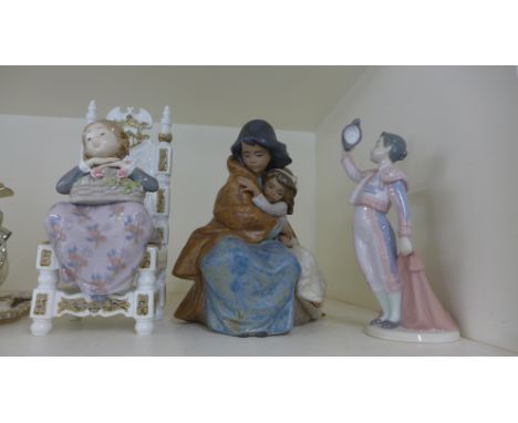 A Lladro figure of a matador, a seated girl on high back chair and a group of two mother and daughter - seated figure has var