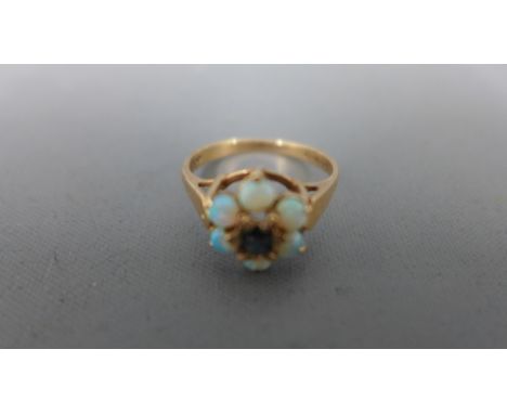 A 9ct yellow gold opal and sapphire cluster ring - approx weight 2.2 grams - ring size P - clean and bright