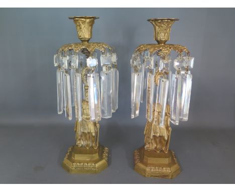 A pair of 19th century ormolu candlestick lustres - Height 32cm - chips and replacements to lustres, stands good