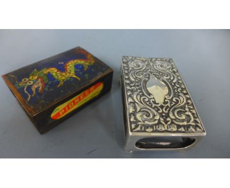 A Cloisonne dragon match box holder and a silver match box holder - some enamel missing to dragon holder and some bending and
