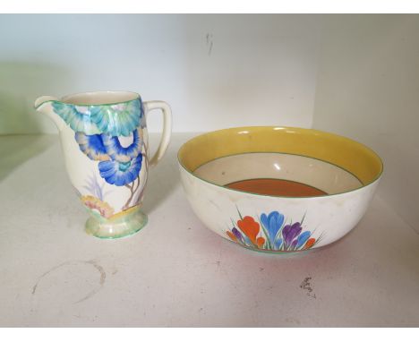 A Clarice Cliff Rodanthe Bizarre jug - Height 15cm - no obvious damage and a Clarice Cliff Bizarre Crocus bowl -crack to bowl
