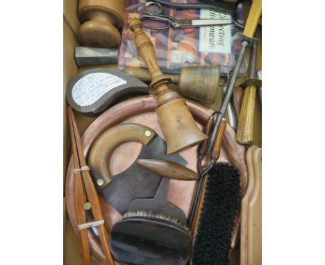 A quantity of kitchenalia items - Herb choppers and tin of pastry leaf shape cutters and potato mashers etc plus a reference 