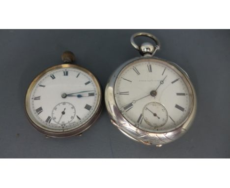 A silver cased open faced pocket watch with Swiss movement, Roman numerals to white enamel dial with subsidiary second dial a
