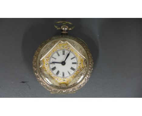 A ladies silver cased pocket watch in .935 case, Roman numerals to white enamel dial with gilt decoration to pink enamel face
