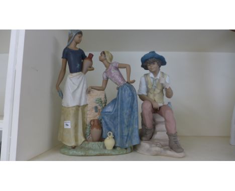 A Lladro group - Two Female water carriers - repair to urn - and a seated figure Sanisidro no 452