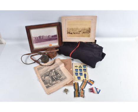 A WWI DATED 1915 SEXTENT IN A LEATHER CARRY CASE, photos, map, trousers, and some medal ribbons, the sextant is clearly marke