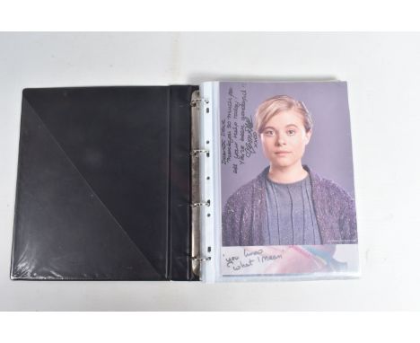 A PHOTO ALBUM OF SIGNED PHOTOGRAPHS, to include miscellaneous British, American, etc actors, included is Bonnie Piesse, Carol
