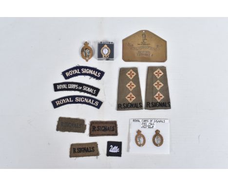 A SELECTION OF ROYAL SIGNALS BADGES,PATCHES,&amp; OTHER MEMORABILIA to include Brass Bed/locker plate, Birmingham made with S