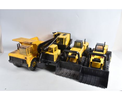 FOUR ITEMS OF MIGHTY TONKA TOYS CONSTRUCTION EQUIPMENT, two articulated Loading Shovels, Lorry/Truck Mounted Grab Crane and a