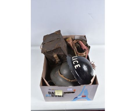 TWO WWII ERA STEEL HELMETS, BUGLE, GREAT COAT AND AN EMPTY RADIO RECEIVER BOX, the helmets include a Zuckerman helmet missing