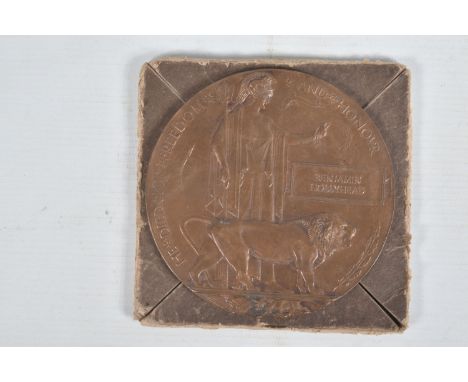A WWI MEMORIAL DEATH PLAQUE NAMED TO BENJAMIN HOLLYHEAD, in cardboard cover, this is a unique name according to CWGC &amp; SD