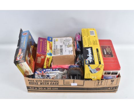 A COLLECTION OF MODEL  KITS, A PUZZLE AND ASSORTED TINS, AND A GAME ALL RELATING TO VEHICLES, there are six kits, two 1:43 sc