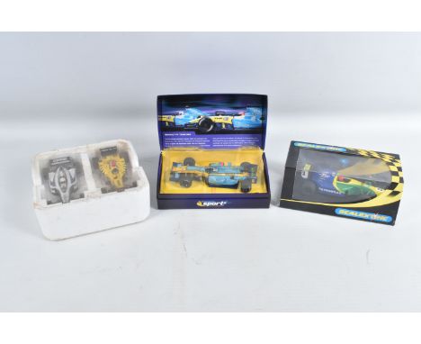 FOUR BOXED AND PART BOXED MODERN SCALEXTRIC F1 RACING CARS, boxed Renault R24 Team Spirit No.7 (C2581A), Petrobas No.3 (C2460