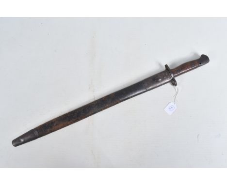 A 1907 PATTERN RIFLE BAYONET FOR USE WITH A LEE ENFIELD RIFLE, the blade is clearly stamped and it comes with its scabbard, i