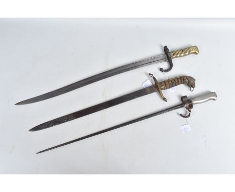 TWO FRENCH RIFLE BAYONETS AND A BRITISH NAVAL DIRK, the French ones include a Chassepot bayonet, a Lebel Spike Bayonet and th