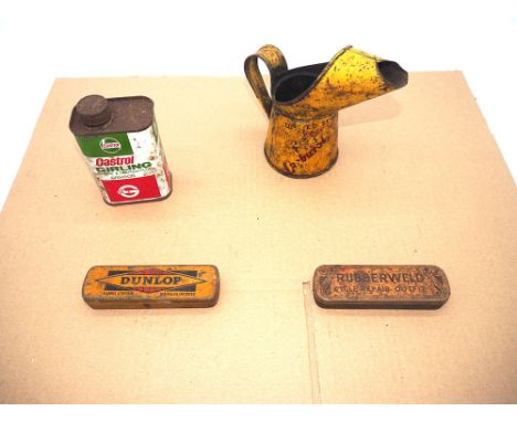 A Castrol tin,
Dextrol oil can,
Dunlop long cycle repair tin,
A Rubberweld cycle repair tin,
All used and aged