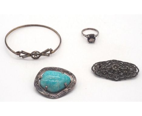 Mixed silver lot all hallmarked,
approx weight 28.8grams,
Quartz stone ring size O,
Marcasite set brooch,
Rennie MackIntosh d
