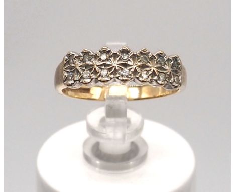 9ct yellow gold diamond dress ring,
Ring Size K,
approx 0.05ct diamonds,
approx weight 2.3grams
Pre-owned in great condition