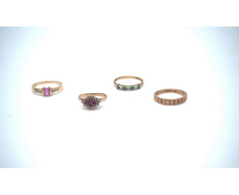 4x 9ct gold diamond rings. 
diamond + stone set rings, 
emerald,
 ruby,
 pink stone/diamond rings.
Approx weight 7.9grams, 
R