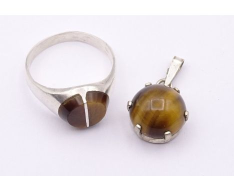 Ring + Anhänger mit Tigerauge,Silber 835 u. 925, zus.7,1gr., RG 56