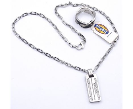 Halskette u. Ring "FOSSIL ",Edelstahl, Kette L- 46cm, RG 62