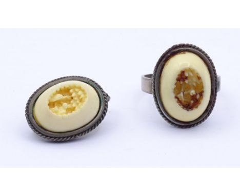 Ring und einzelner Ohrring mit Beinschnitzerei,Ring Silber 0.835 RG 59