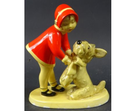 Art Deco-Figur, Mädchen mit Hund, Goldscheider Wien, Mod.nr. 4678, H. 13,5 cm, kleinere Glasurrisse vorhanden, am Bein des Mä