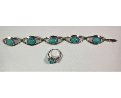 Armband und Ring, 925er Silber mit Türkisen Steinen, zus. 26,8gr., RG 56, Armband L-19cm. 