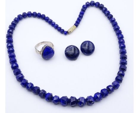 Schmuck Set, Lapislazuli Halskette, Ring und Sodalith Ohrclips,Ring 925, RG 59/60, Halskette L- 47cm