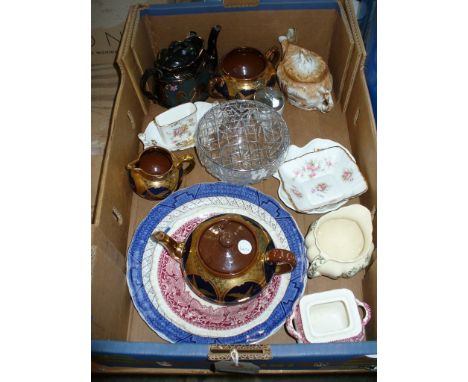 A Tray of decorative ceramics including a cut glass rose bowl, a gilt embellished glazed pottery 3 piece tea set, a Victorian