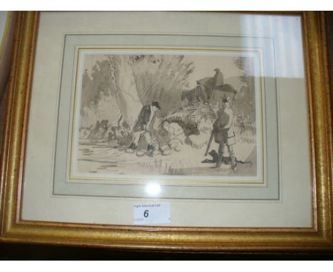 Attributed to W. Savage Cooper, 'Rabbiting' 
The monochrome sketch depicting figures hunting rabbits, unsigned, framed, 13x19
