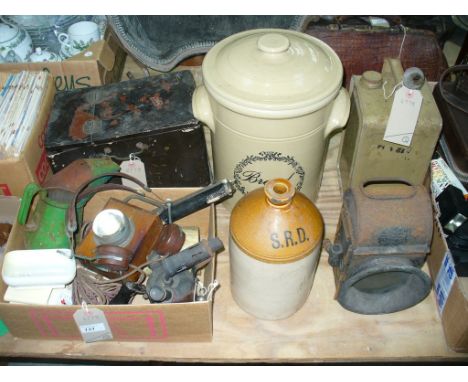 Assorted vintage items including a pair of BBC headphones, brass blow lamp, Japanned folding jewellery box, stoneware bread b