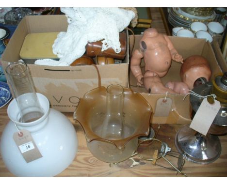 Crocheted doilies , ladies fan, a vintage Pedigree doll (  a/ f ) , oil lamp , opaque shade and chimneys. 