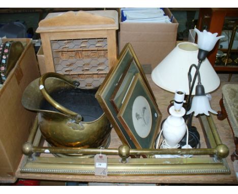 A Pine egg box, brass coal helmet, brass fender, table lams and 3 prints.