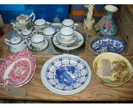 A Japanese pagoda landscape tea service, a Masons Vista red and white heart shaped dish , a blue and white willow pattern dis