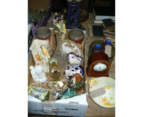 A Box of sundry ceramics including a Masons Mandalay jug , a pair of footed jasperware vases decorated in relief with classic