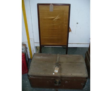 A Vintage canvas and slatted trunk and a mahogany framed folding screen (2)