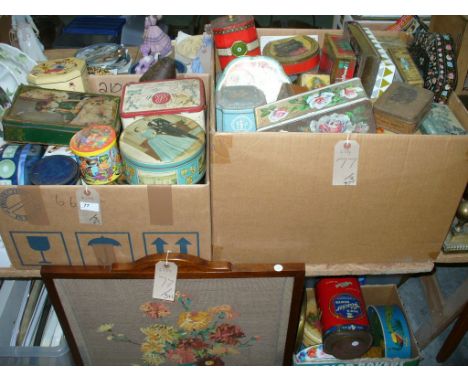3 Boxes of old tins and a needlework firescreen.