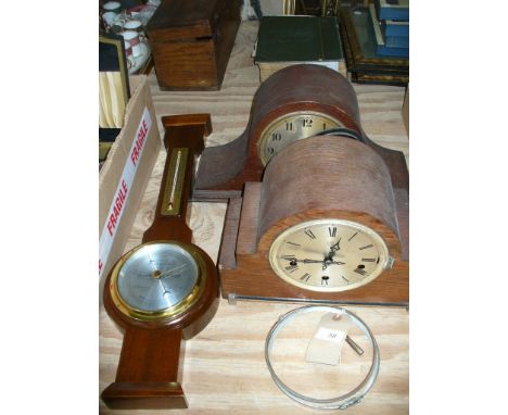 A Reproduction mahogany cased wall barometer , 2 oak cased mantel clocks.