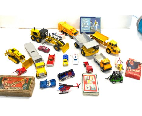 Selection of vintage toy cars to include Majorette and vintage cards games etc 