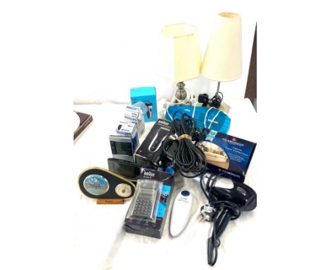 Large selection of electrical items to include Philips shavers, lamp, hairdryer etc, all untested 