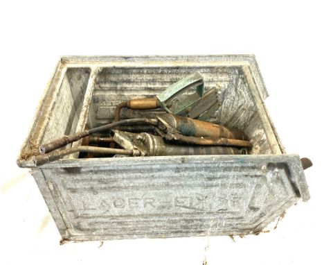 Box of assorte tools includes grease guns, wrenches etc 