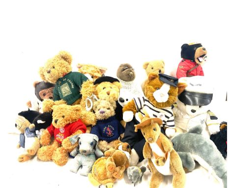 Large selection of vintage and later teddy bears includes Micky Mouse, polar bear, Mounty etc 