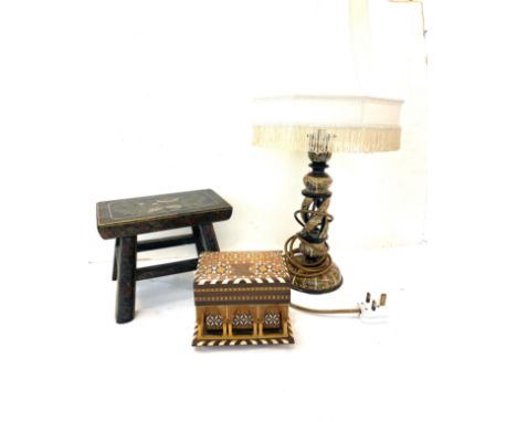 3 pieces of wooden decorative items to include stool, lamp and jewellery box