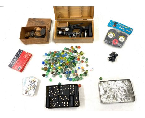 Selection of vintage and later toys includes dominos, Kan u Go, Marbles, Winky dolls etc 