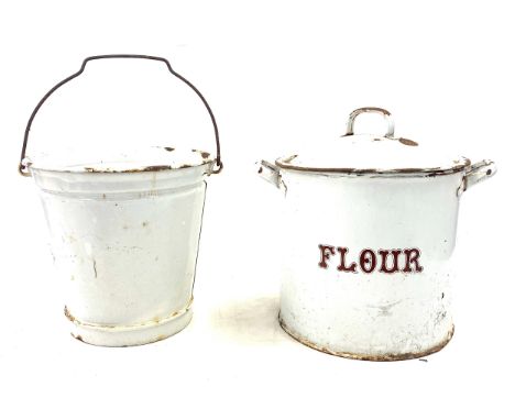 Two vintage enamel pieces a bucket and flour bin with lids 