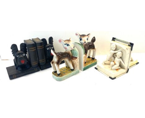 Vintage Bambi Deer Bookends Retro 1950â€™s, Wooden Scottie dog bookends, Set Antique children / cherub bookends
